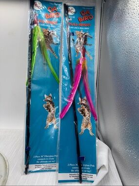 GO CAT DA BIRD FEATHER WAND ROD INTERACTIVE TEASER TOYS 36” 2 1 Pink 1 green NIP